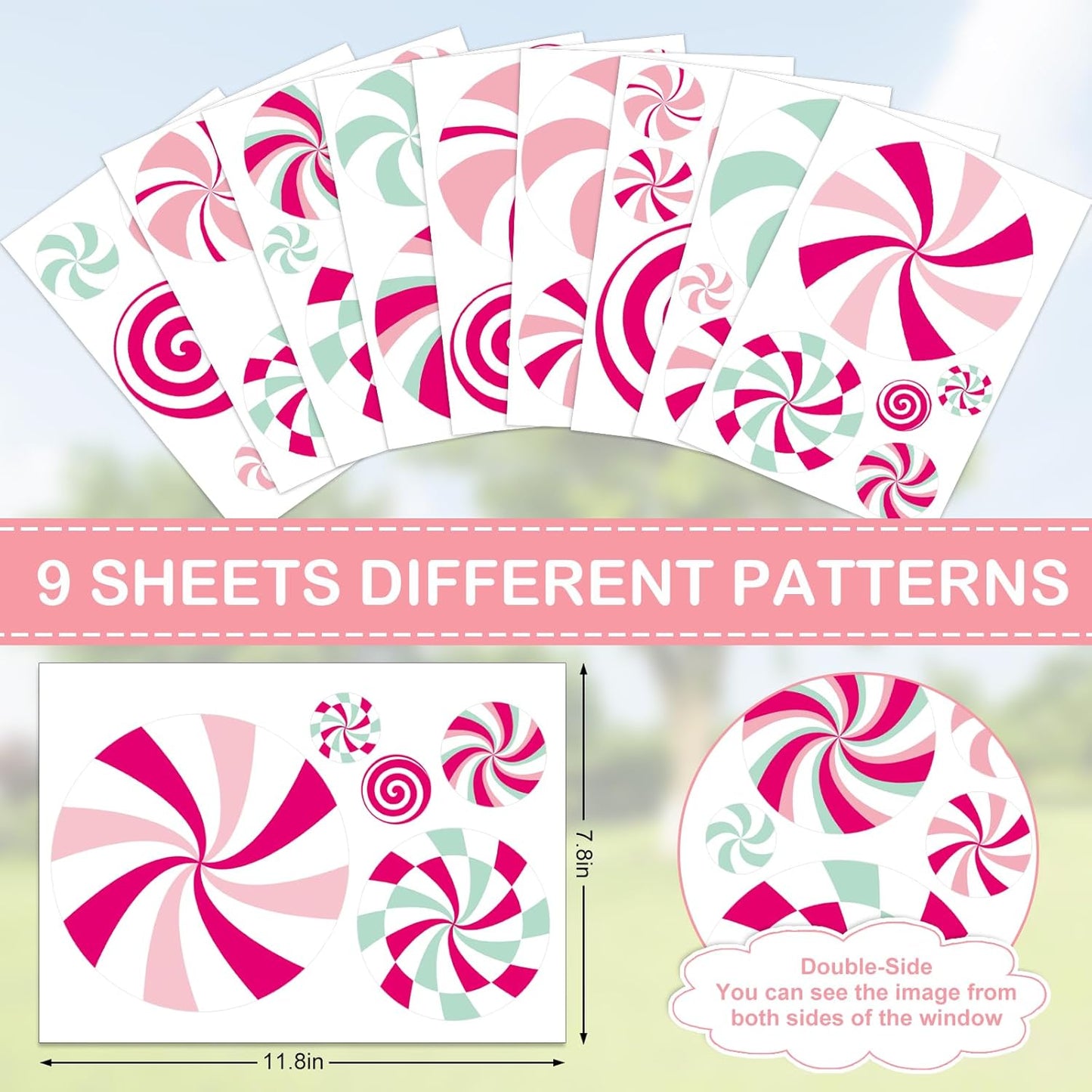 Christmas Window Cling Pink Green Candy Window Sticker Xmas Reusable PVC Window Decal for Winter Glass Mirror Decor, 9 Sheets