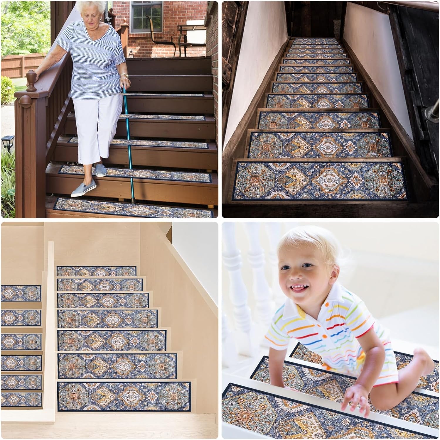 Peel and Stick Non-Slip Carpet Stair Treads for Wooden Steps Set of 15 Pack 8" X 30" Indoor Reusable Staircase Stair Runners Rugs, Soft Safety for Dogs, Kids & Elders, Stairway Grip, Blue