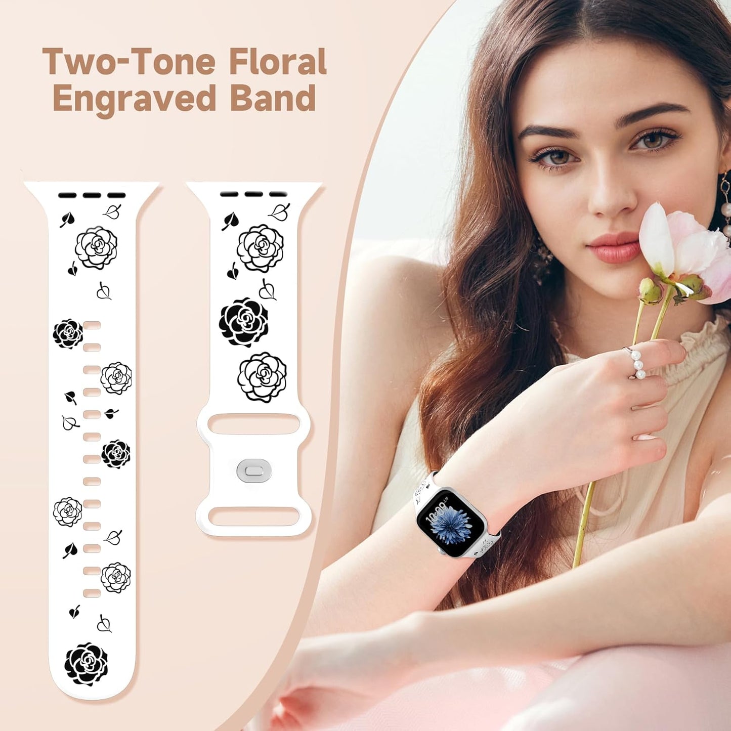 Floral Engraved Bands Compatible with Apple Watch 38Mm 40Mm 41Mm 42Mm 44Mm 45Mm 46Mm 49Mm Women,Two-Tone Flower Soft Silicone Sport Strap for Iwatch Ultra Series 10 9 8 7 6 5 4 3 2 1 SE