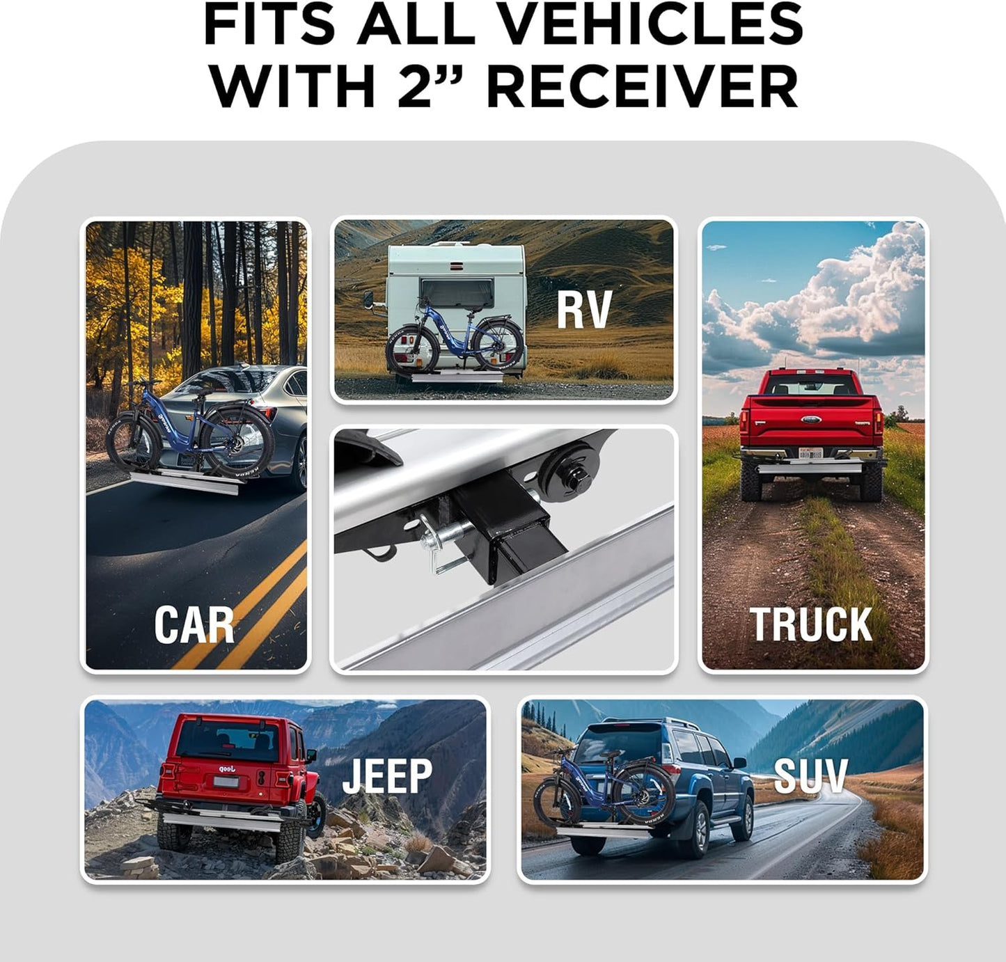 Hitch Mount Single Bike Rack with Ramp for Electric Bike, 100 Lbs. Capacity Bike Carrier for Truck, Trailer, RV, SUV