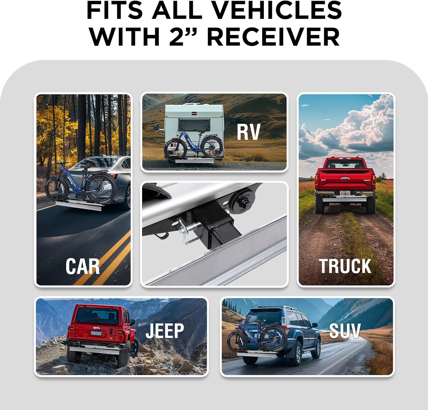 Hitch Mount Single Bike Rack with Ramp for Electric Bike, 100 Lbs. Capacity Bike Carrier for Truck, Trailer, RV, SUV