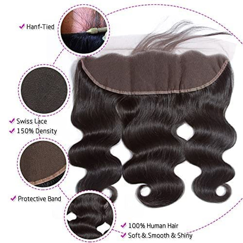 12A Free Part Ear to 13 X 4 Lace Frontal Closure Body Wave Transparent Frontals with Bangs Baby Hair Knots Can Be Bleached 100% Virgin Remy Human Natural Color (12, 13X4 Frontal)