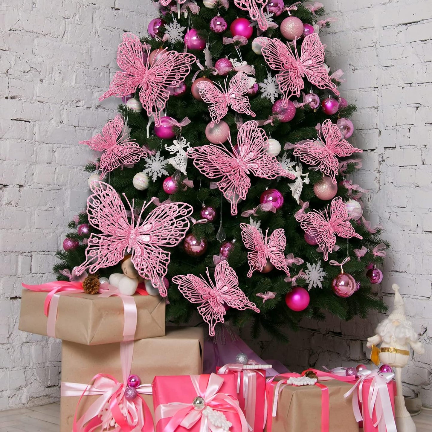 36 Pcs 3 Size Christmas Tree Butterfly Decorations Glitter Hollow Butterfly Ornaments Hanging Butterfly Decorations for Christmas Tree (Pink)