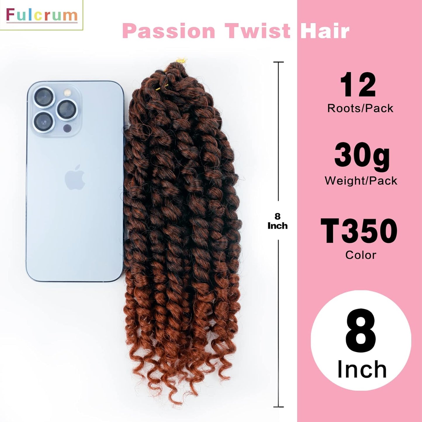 Passion Twist Hair 8 Inch, 8 Packs Passion Twist Crochet Hair for Black Women, Prelooped Crochet Twist Hair with Curly Ends (8Inch, T350#)