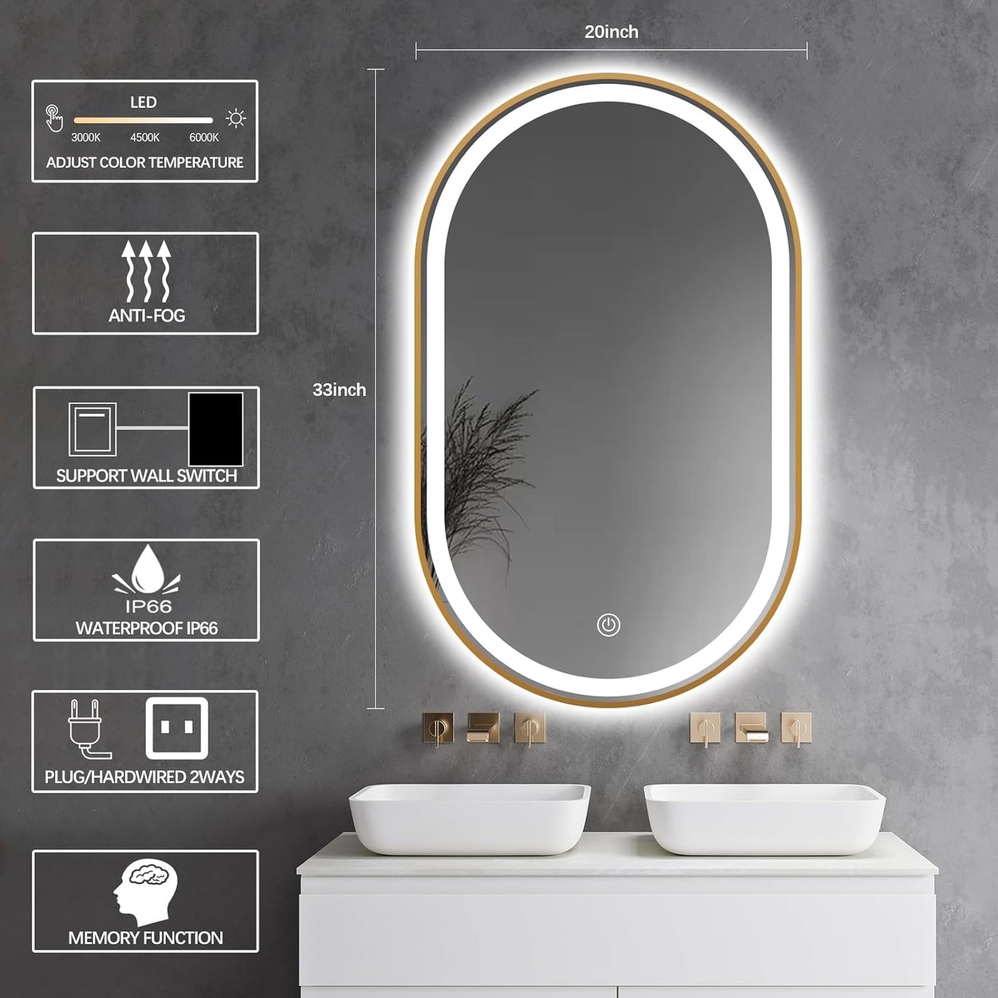 Oval LED Bathroom Mirror, 33"X20" Lighted Wall Mounted Vanity Mirror with Metal Frame, Anti-Fog IP66 Waterproof Smart Mirror, Memory Function, (Horizontal or Vertical), Gold