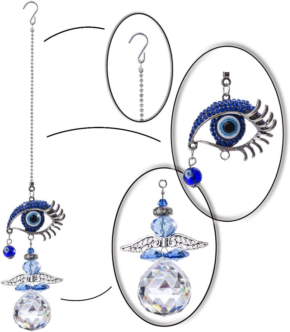 Hanging Crystal Angel Suncatcher Blue Evil Eye Protection and Good Luck Charm Chandelier Lamps Pendant(12.5In)