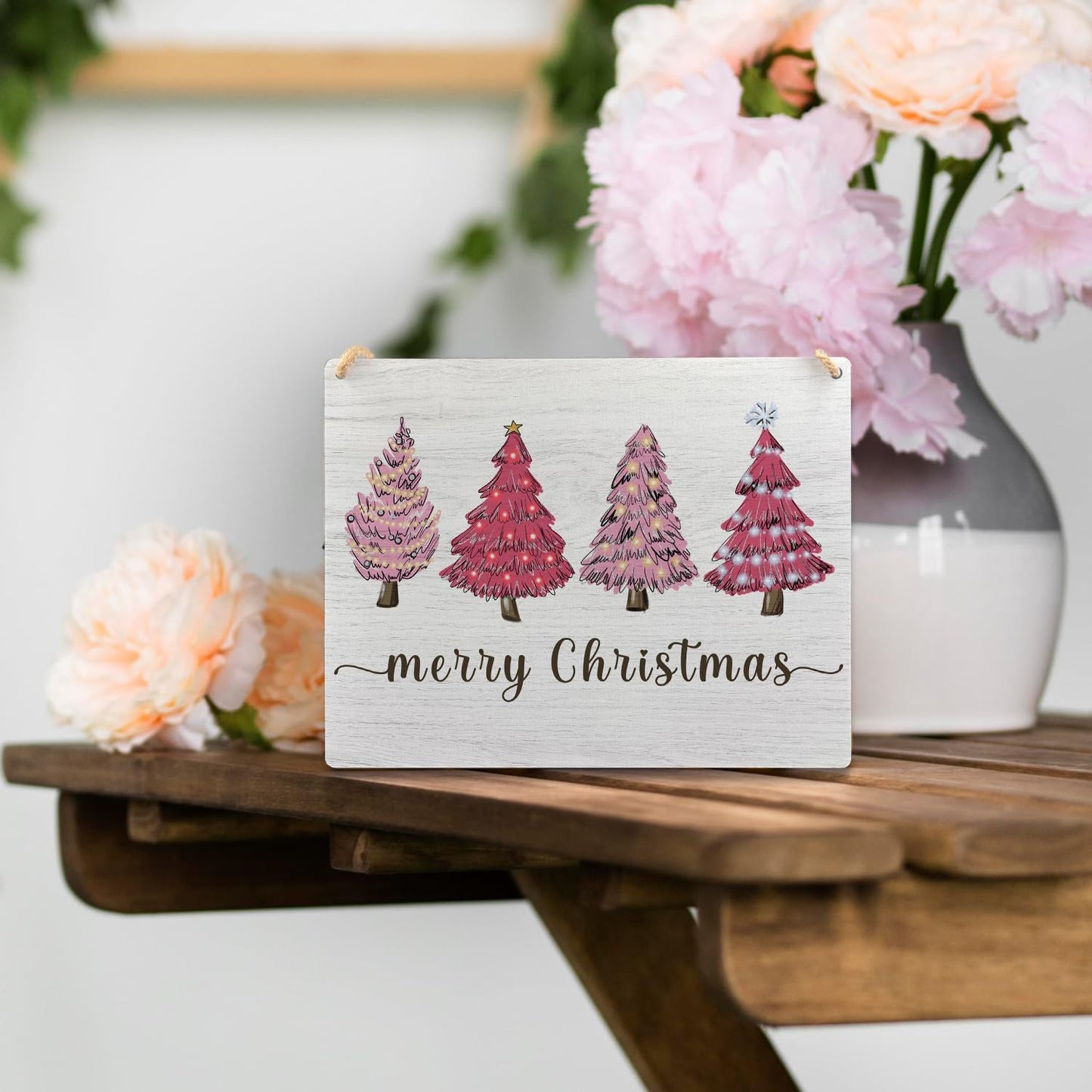 Pink Merry Christmas Wooden Hanging Sign - Pink Christmas Tree Sign, Christmas Porch Front Door Sign, Indoor Christmas Wall Hanging Decor for Bedroom Home,10.2X7.8 Inches