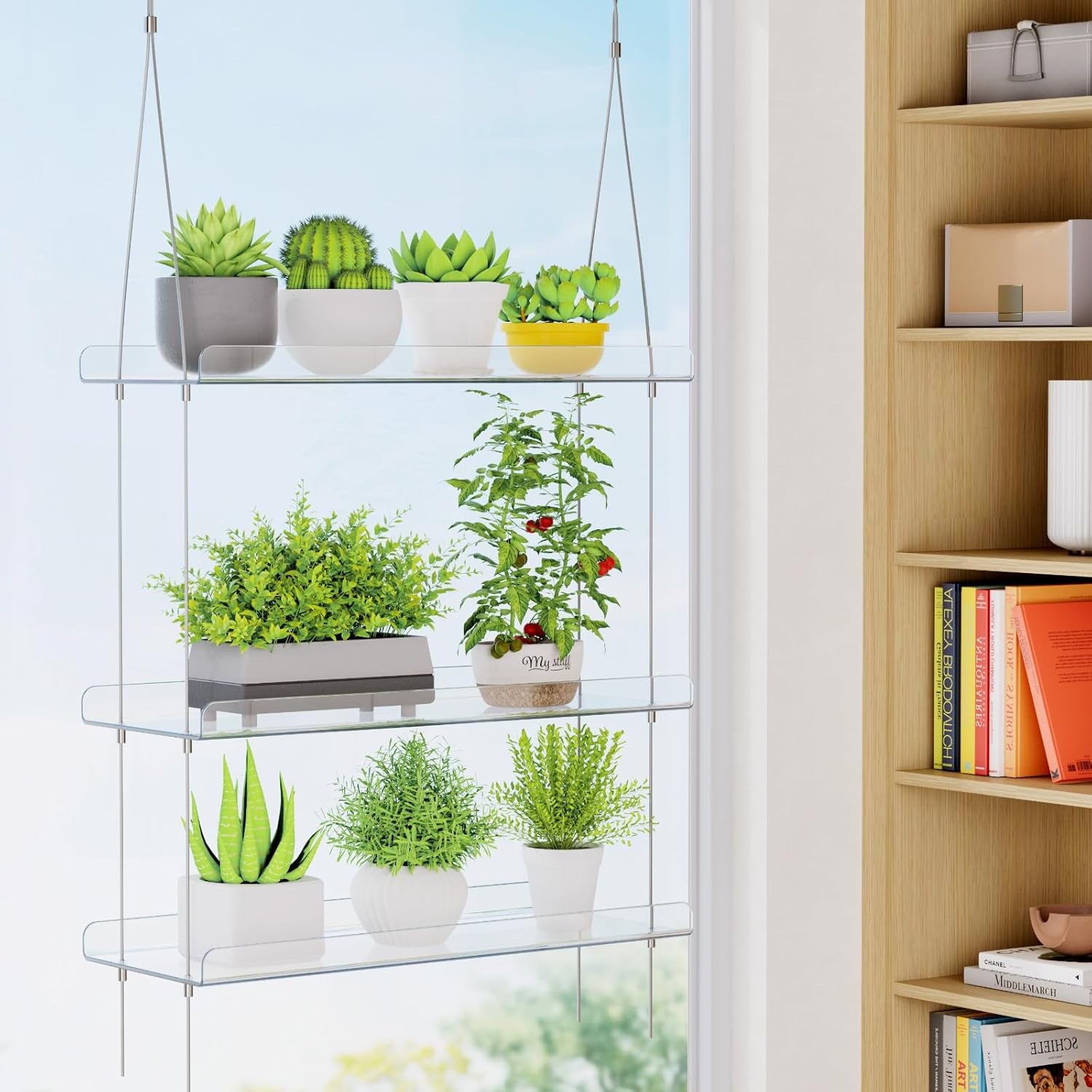 2-Tier Window Plant Shelves 15 Inch, Acrylic Adjustable Hanging Floating Shelf, Window Sill Extender for Indoor Succulent Plants, Micro Greens, Seed Starter Pots, Herb Planters