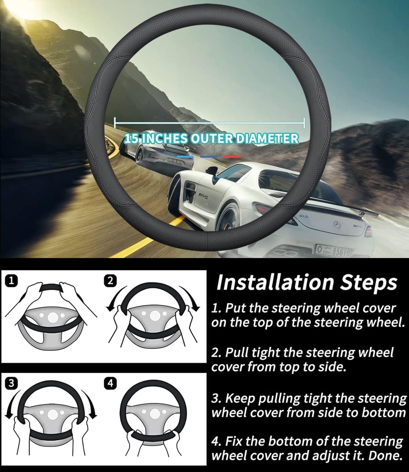 Custom-Fit for Tesla Steering Wheel Cover, Premium Leather Car Steering Wheel Cover with Logo, Non-Slip, Breathable, for Tesla Accessories (B-Style,For Tesla)