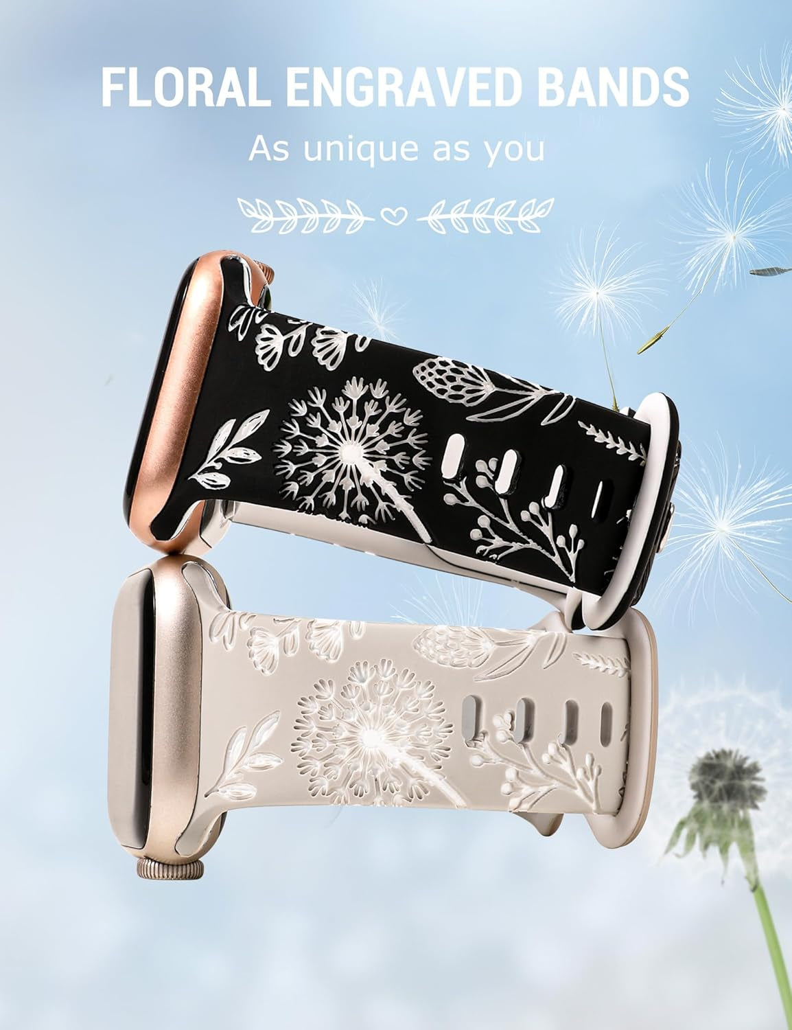 Floral Engraved Band Compatible with Apple Watch Bands 41Mm 40Mm 38Mm 49Mm 45Mm 44Mm 42Mm Women, Two-Tone Flower Soft Silicone Cute Sport Strap for Iwatch Series 9 8 7 6 5 4 3 2 1 SE Ultra 2