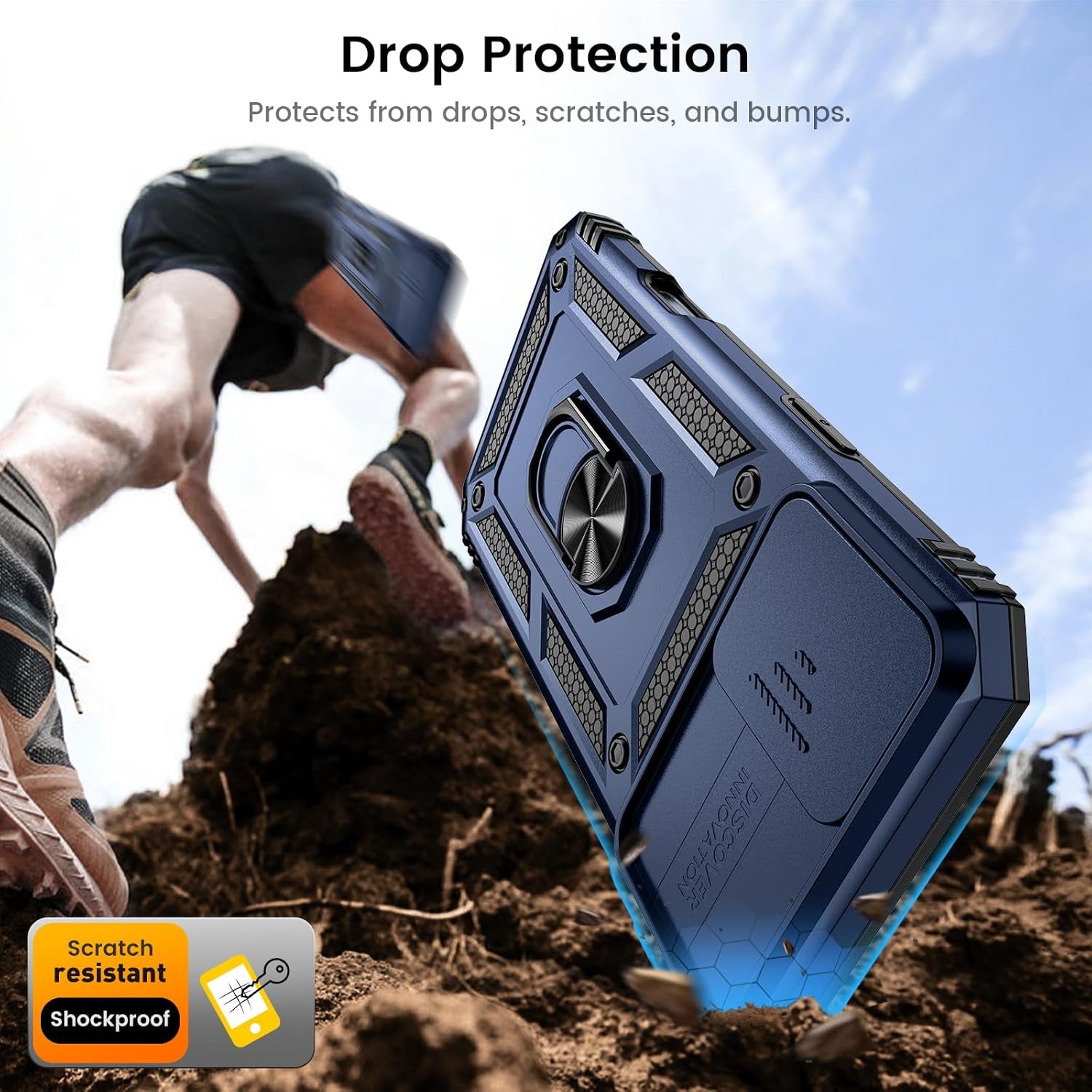 Compatible for Iphone 16 Case with Screen Protector - Slide Camera Cover Protective Phone Case with Ring Stand, Heavy Duty Shockproof Rugged Bumper for Iphone 16 Accessories Blue