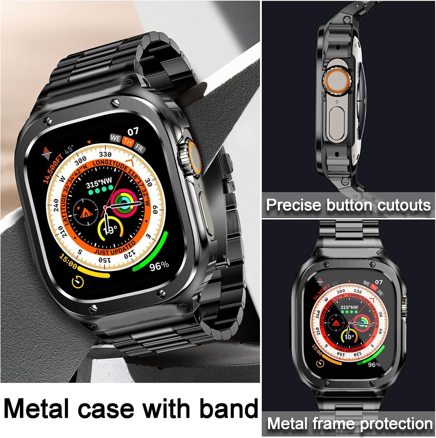 Stainless Steel Band and Case Compatible with Apple Watch Band 49Mm, Men Metal Protective Bumper Cover for Iwatch Ultra 2/1, Black