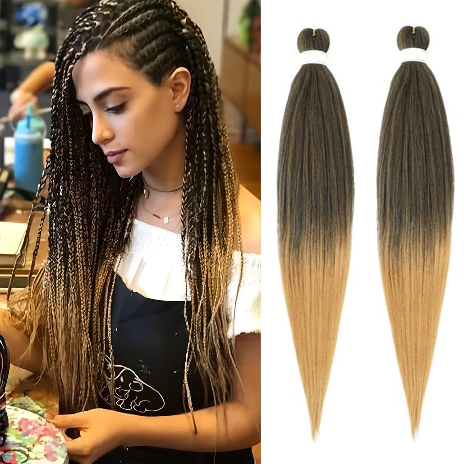 Ombre Braiding Hair Pre Stretched 26Inch 2 Packs Blonde Pre Stretched Braiding Hair Long Straight Kanekalon Braiding Hair Yaki Synthetic Hair for Braiding