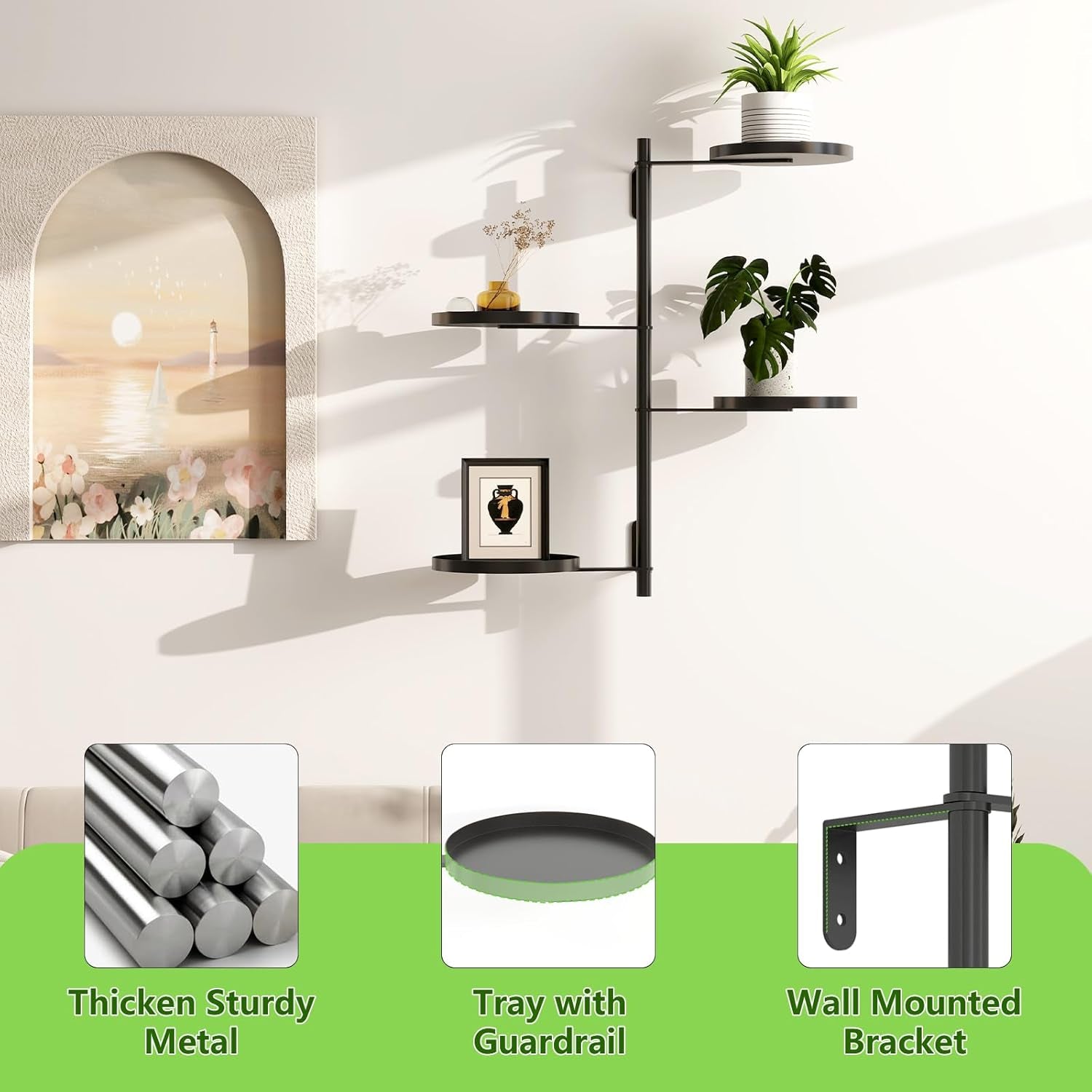 Rotating Window Plant Shelves, 4 Tier Wall Plant Holder for Various Plants Indoors, Metal Window Sill Plant Shelf for Optimal Sunlight Exposure, Black Plant Wall Shelf for Home Decor