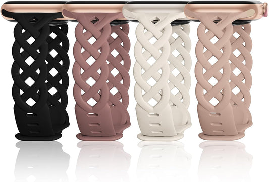 Slim Silicone Bands Compatible with Apple Watch Band 40Mm 38Mm 41Mm 44Mm 45Mm 42Mm Women Floral Breathable Braided Lace Thin Sport Strap Replacement Wristbands for Iwatch SE Series 9 8 7 6 5 4 3 2 1 (Black/Milk Tea/Starlight/Violet Smoke, 38Mm/40Mm/41Mm)
