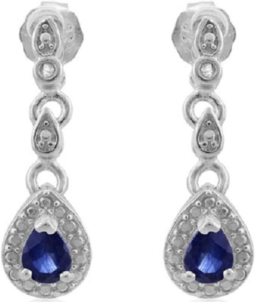 1/2 CT Genuine Sapphire & Diamond Sterling Silver Earring & Pendant Set W/18" Chain