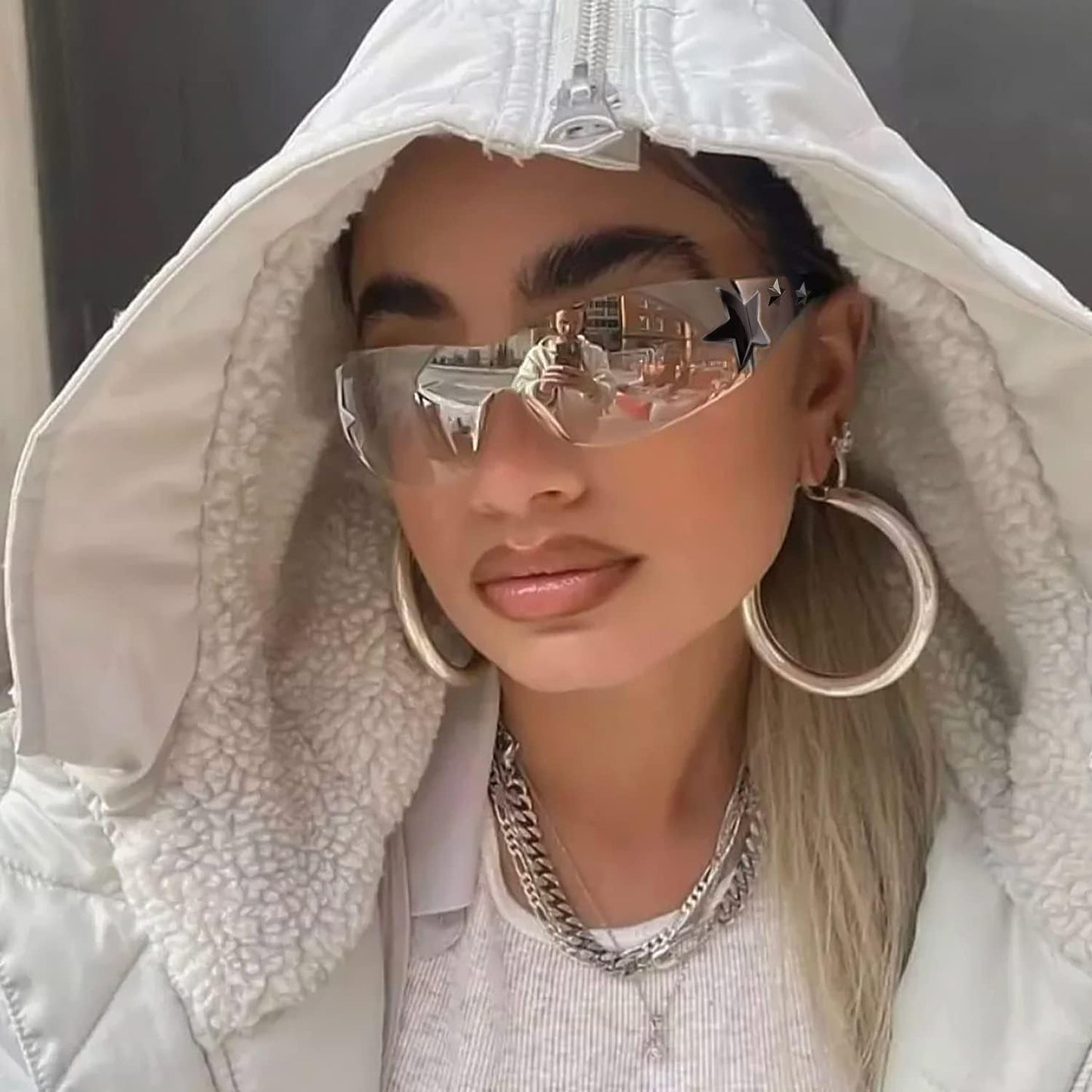 Rimless Y2K Sunglasses Star Wrap around Glasses 2000S Accessories for Women Men Trendy Fashion Cool Shield Shades