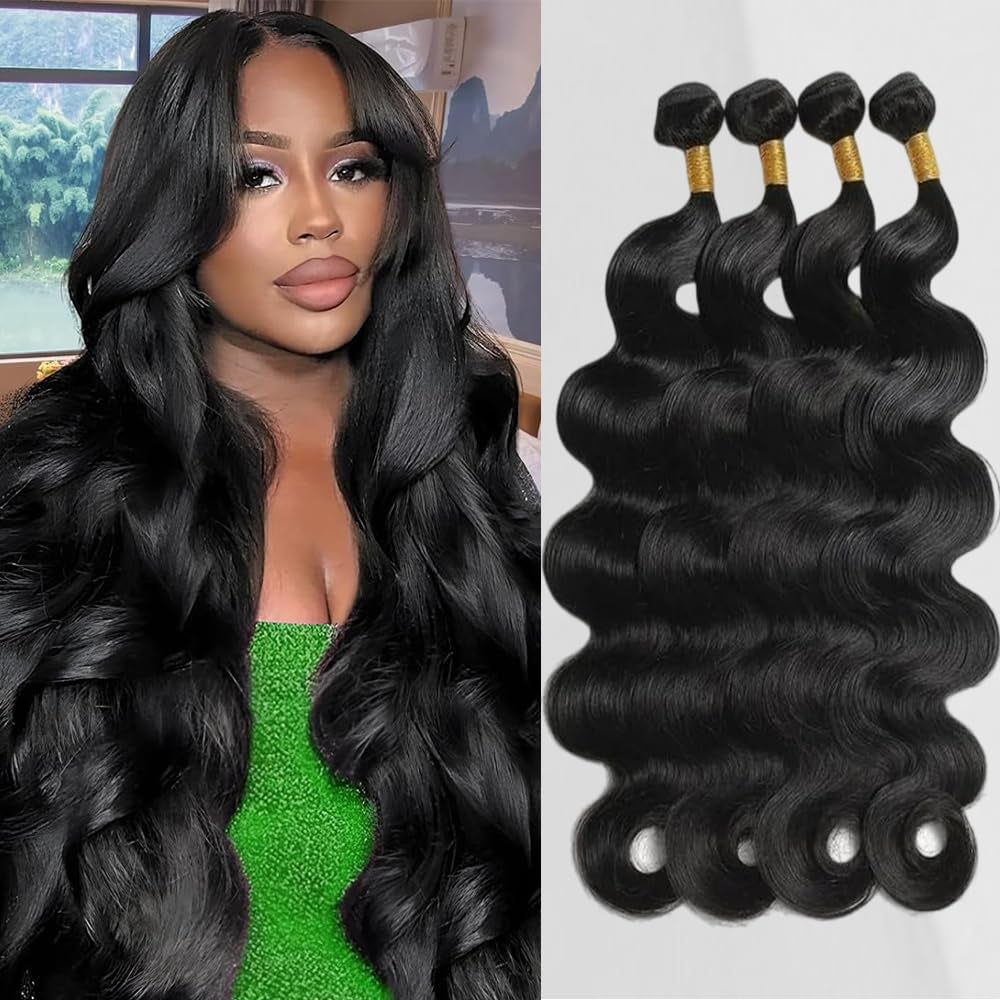 12A Body Wave Bundles Human Hair 16 18 20 22 4 Bundles Human Hair 100% Brazilian Human Hair Bundles Weave Bundles Deals Real Human Hair Natural Black Color for Women