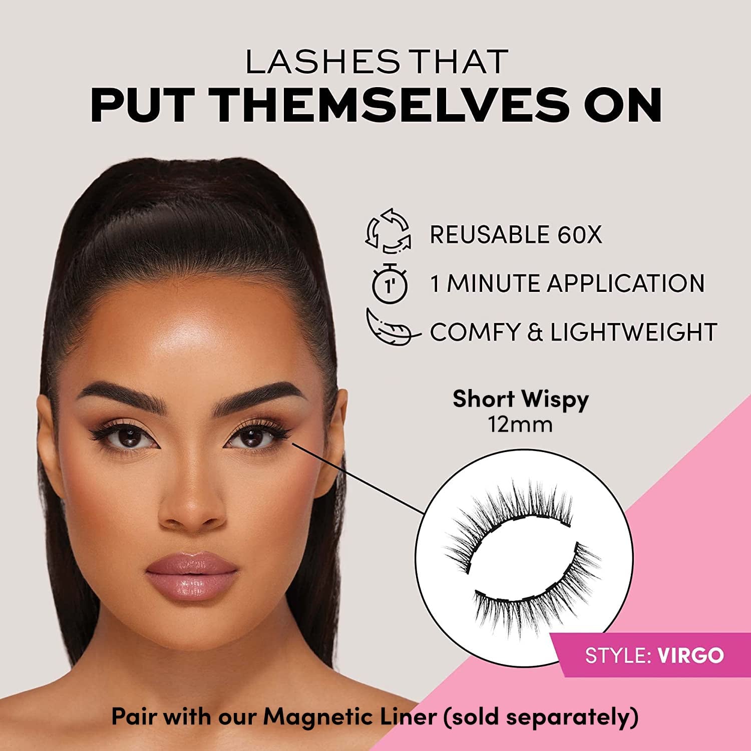 Magnetic Eyelashes - Virgo | Short Magnetic Lashes, 60 Wears Reusable Faux Mink Lashes Natural Look - 1 Pair