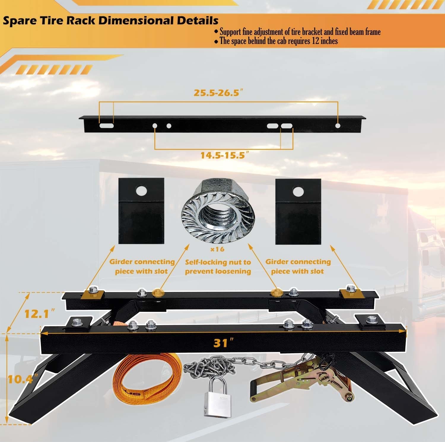 Semi Truck Spare Tire Rack Commercial Truck Tire Storage Rack Tractor Trailer Steel Tire Mount Holder Adjustable Tire and Rim Carrier Holder Bed Rack behind Cab (No Assembly Required) TRUCK DRIVER