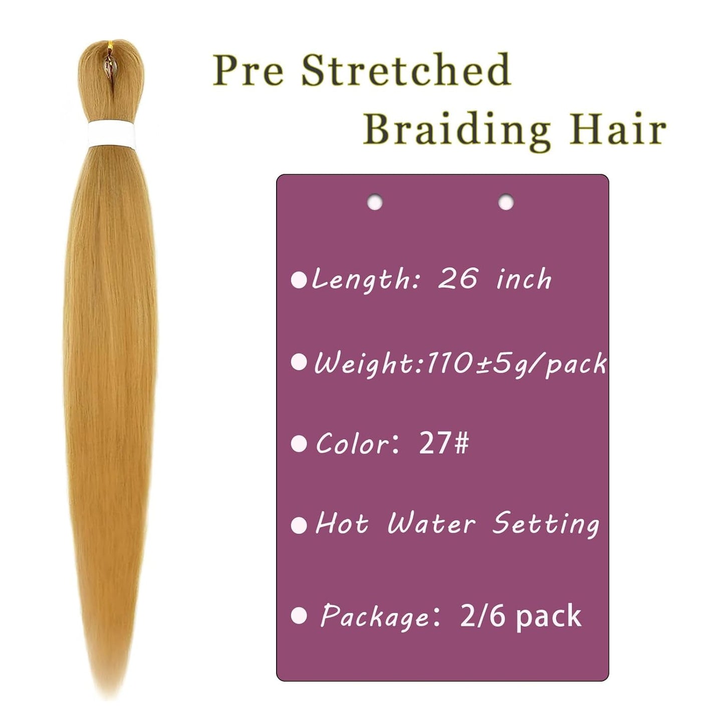 Honey Blonde Braiding Hair Pre Stretched 26 Inch 2 Pack Pre Stretched Braiding Hair Long Straight Kanekalon Braiding Hair Soft Yaki Synthetic Braids Hair Extensions（27 Braiding Hair）
