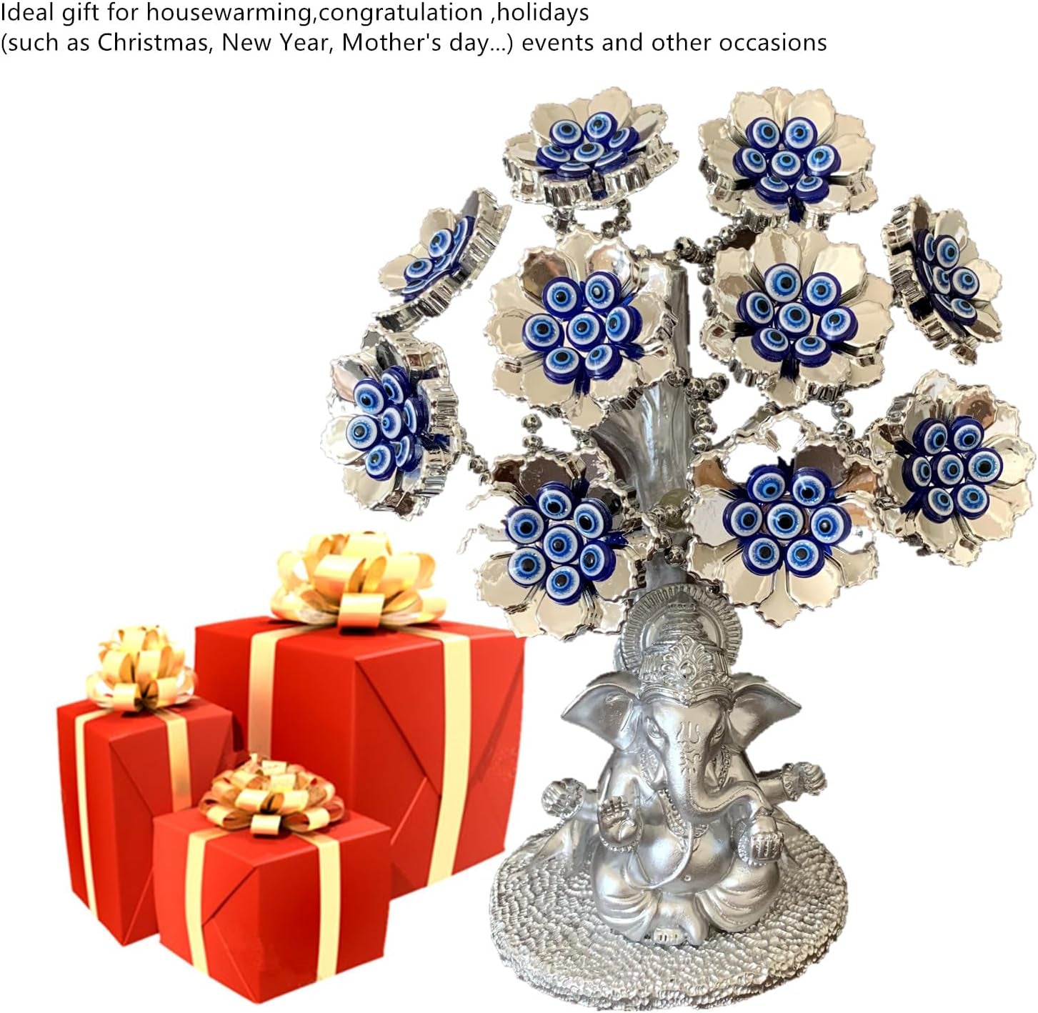 Turkish Nazar Blue Evil Eye Tree with Hindu Ganesha God Design Protection Blessing Home Office Decor-T12