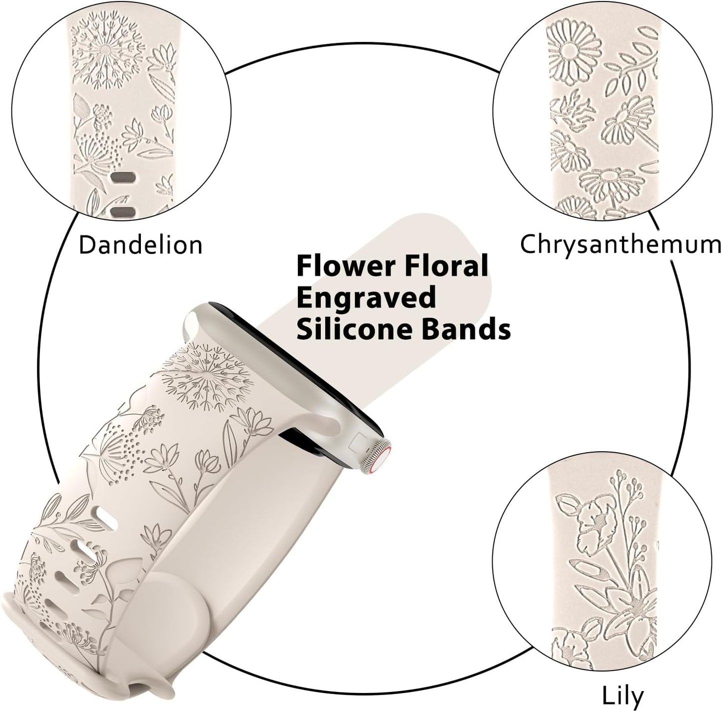 3 Pack Floral Wildflowers Engraved Pattern Silicone Bands Compatible with 38Mm 40Mm 41Mm 42Mm 44Mm 45Mm 49Mm, Replacement Sport Strap for Iwatch Series Ultra 8/7/6/5/4/3/2/1 SE Women Girls