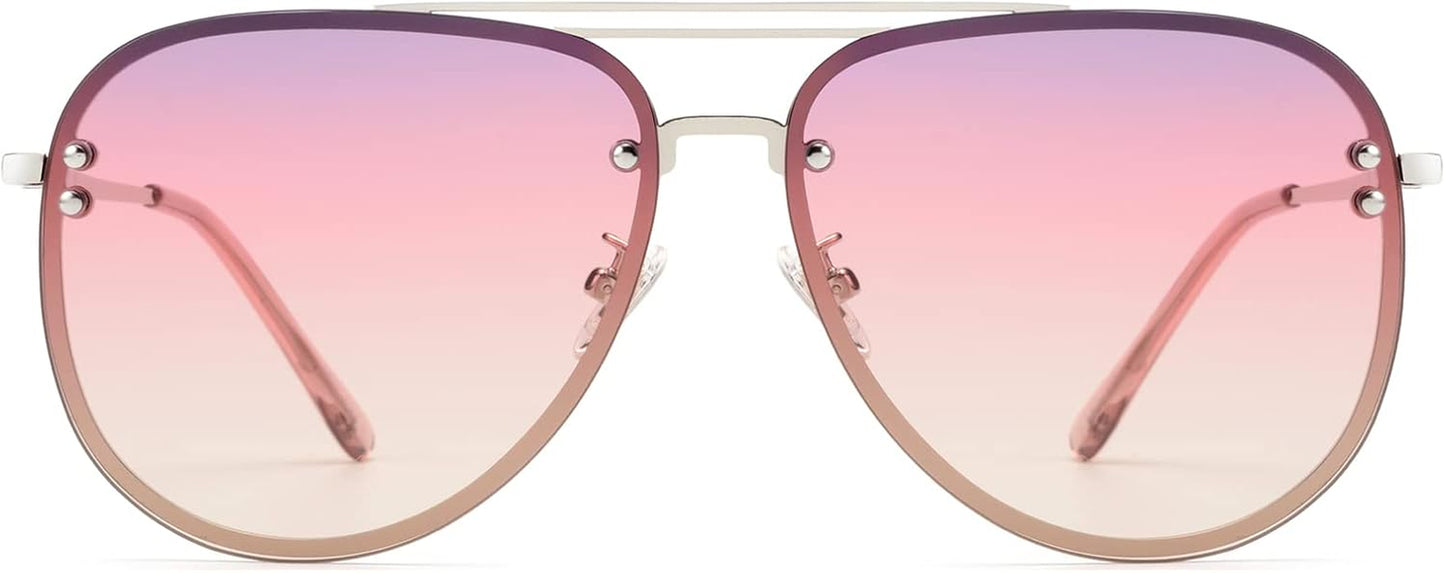 Premium Rimless Oversized Aviator Sunglasses for Women, Polarized PC Lens UV Protection Women’S Shade VF2203