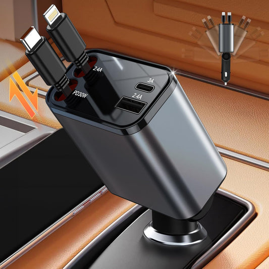 Retractable Car Charger 4 in 1, 【New-Gen Gan-Tech for Iphone Fast Charging】 Dual Cables for Lightning & USB C, USB C and USB Ports, Best Adapter Car Accessories for Iphone 16E, Men, Women