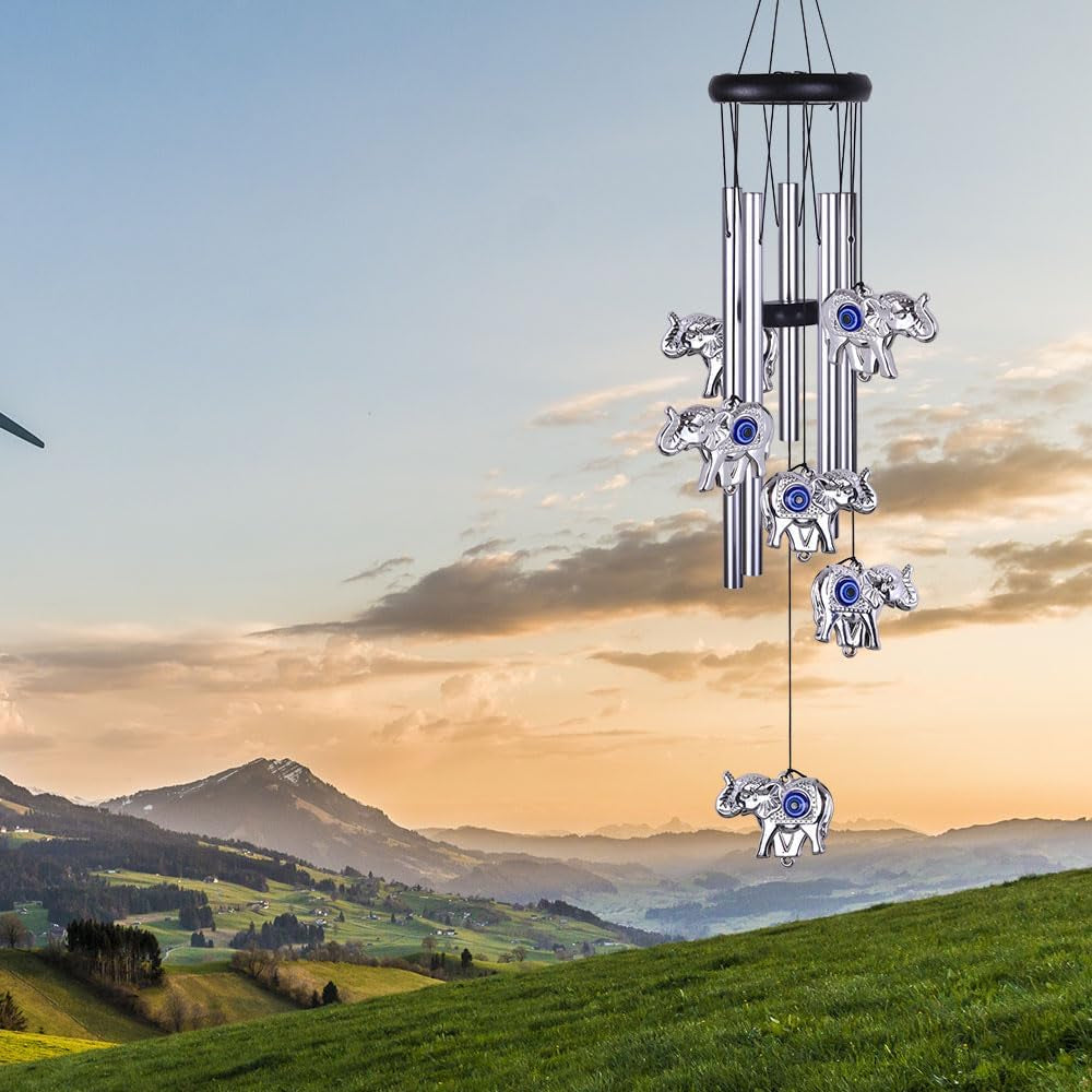 Blue Evil Eye Elephant Wind Chimes Outdoor Decor, Mobile Evil Eye Windcatcher, Evil Eye Elephant Wind Bells, Blue Evil Eye Amulet Wind Chimes for Home, Gift for Mom, Balcony, Patio, Garden Decoration