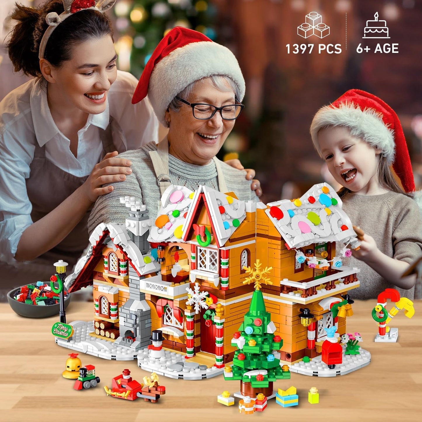 3 Style Christmas Gingerbread House Building Set with LED Light - 2024 Snowscape Village House Building Block Toy with Santa Claus Xmas Tree Train Gifts for Adults Kids Girls Boys Ages 8+ (1397 PCS)