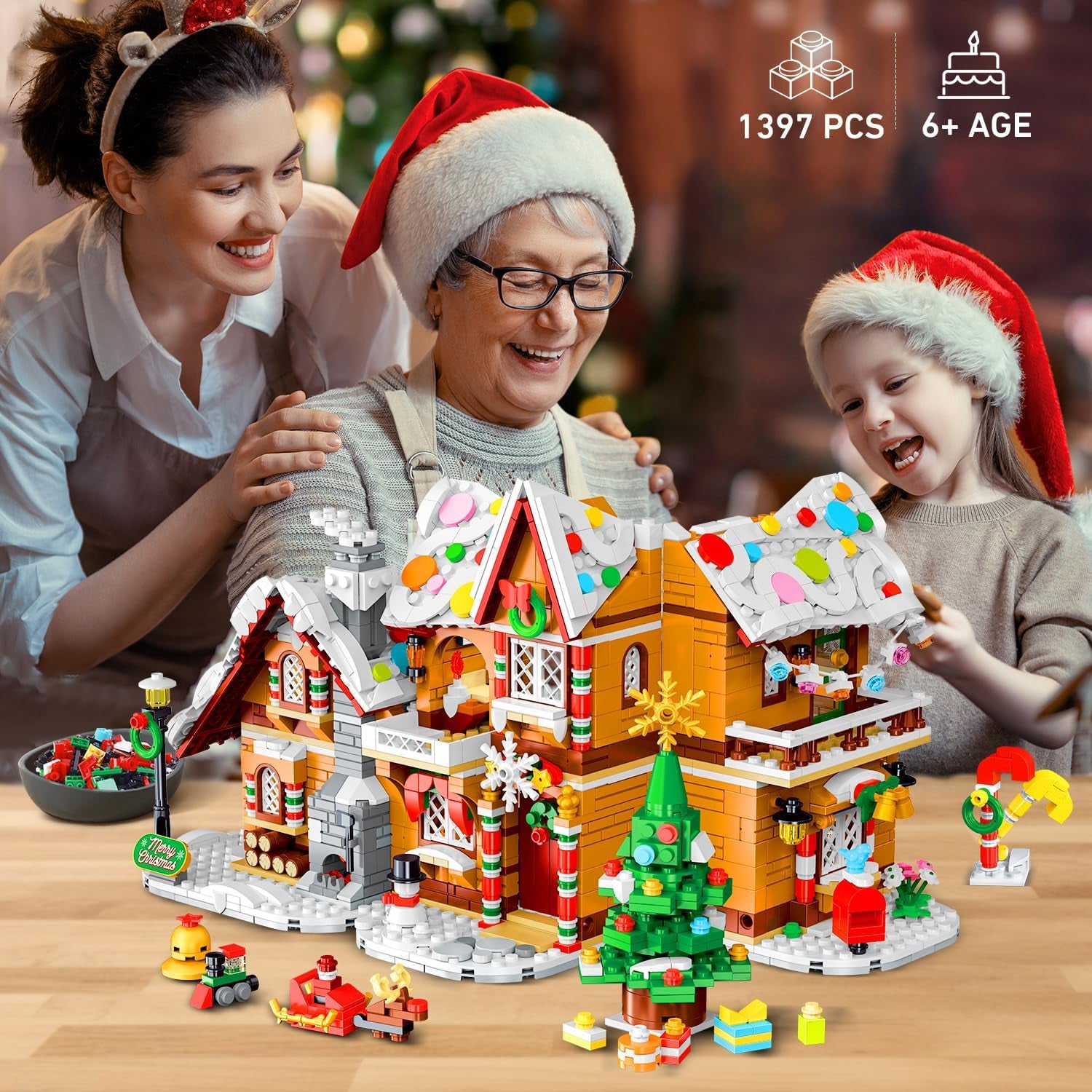 3 Style Christmas Gingerbread House Building Set with LED Light - 2024 Snowscape Village House Building Block Toy with Santa Claus Xmas Tree Train Gifts for Adults Kids Girls Boys Ages 8+ (1397 PCS)