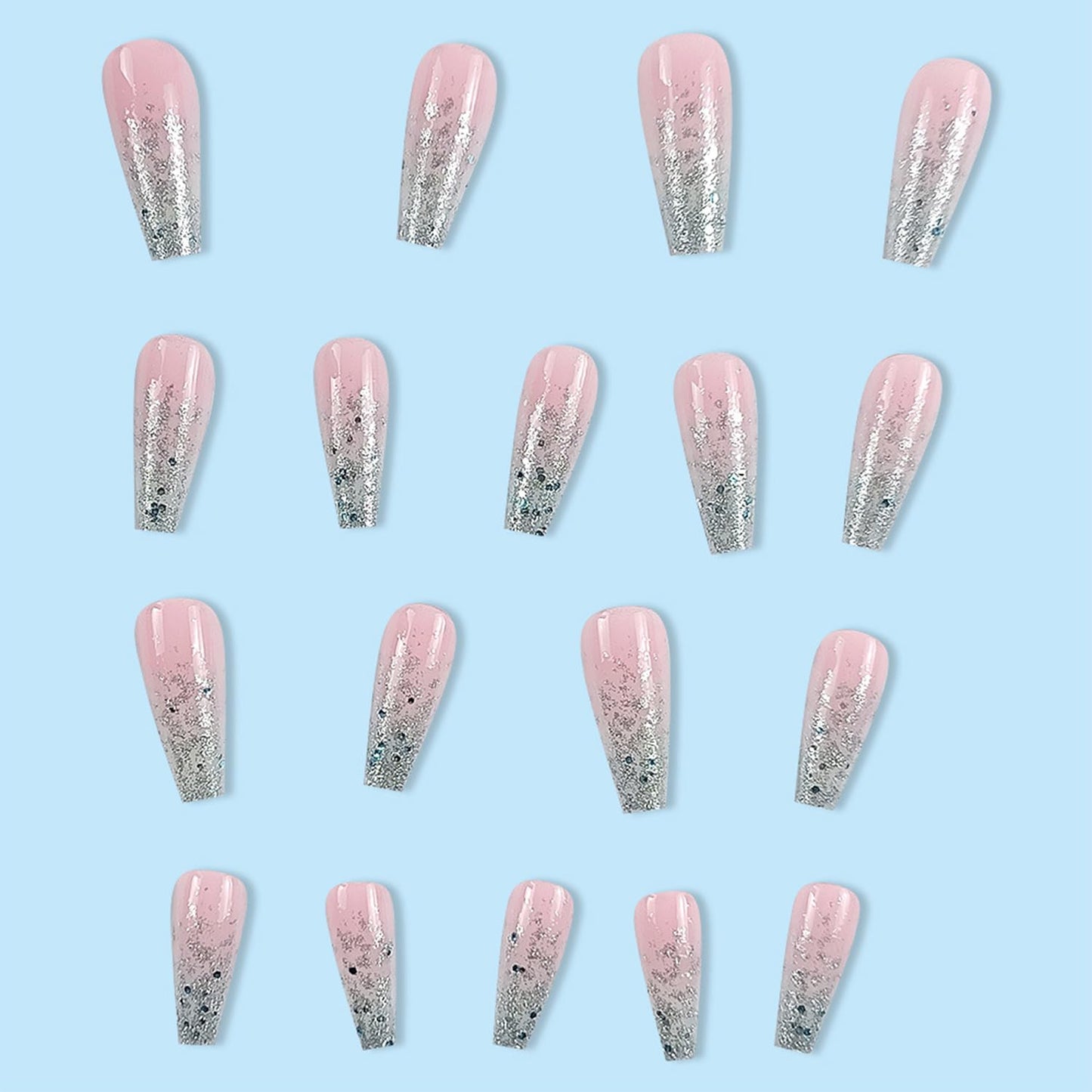Glitter Press on Nails Coffin Long Fake Nails Pink False Nails with Designs Full Cover Reusable Stick on Nails Acrylic Ballerina Artificial Nails Glue on Nails for Women Nail Decorations 24Pcs