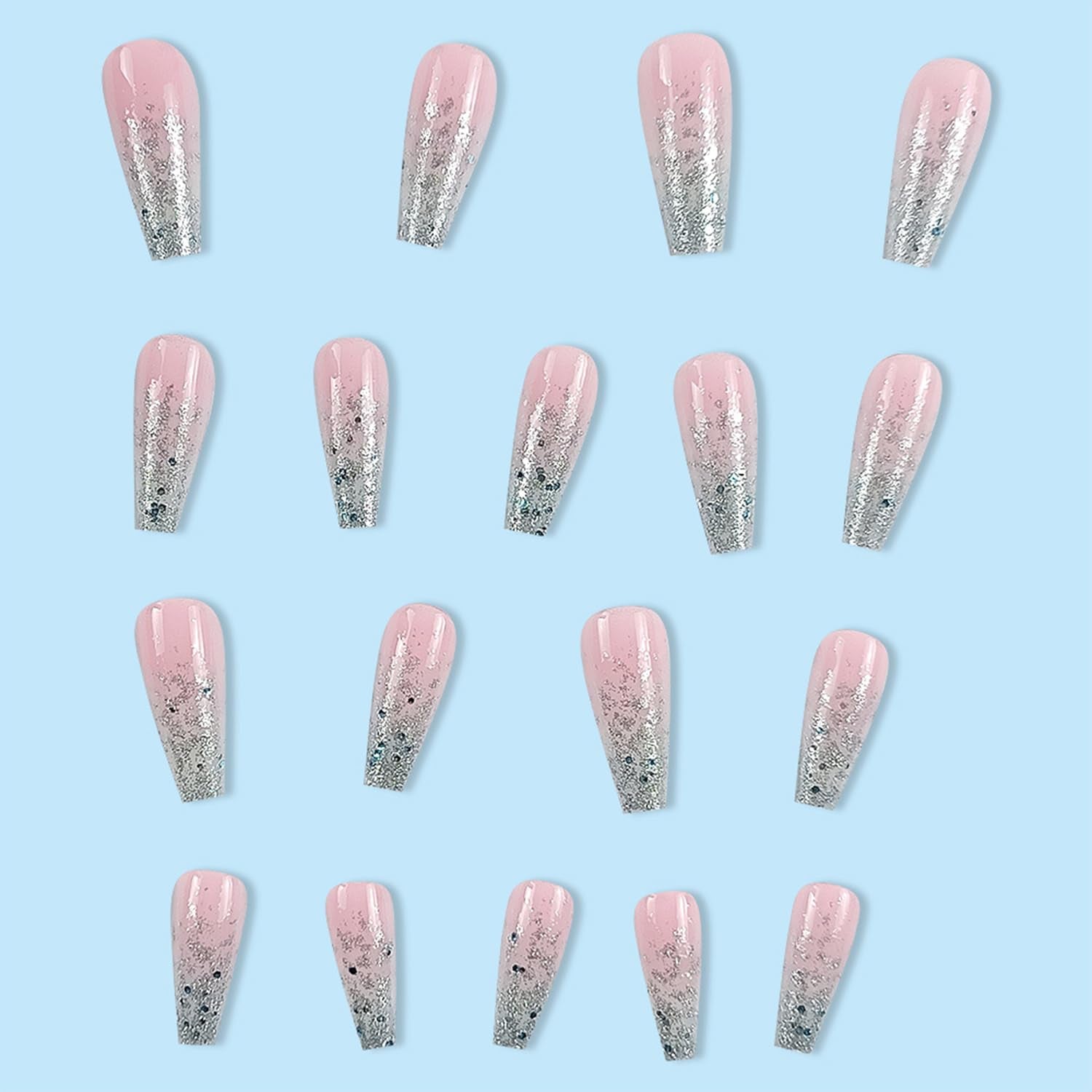 Glitter Press on Nails Coffin Long Fake Nails Pink False Nails with Designs Full Cover Reusable Stick on Nails Acrylic Ballerina Artificial Nails Glue on Nails for Women Nail Decorations 24Pcs