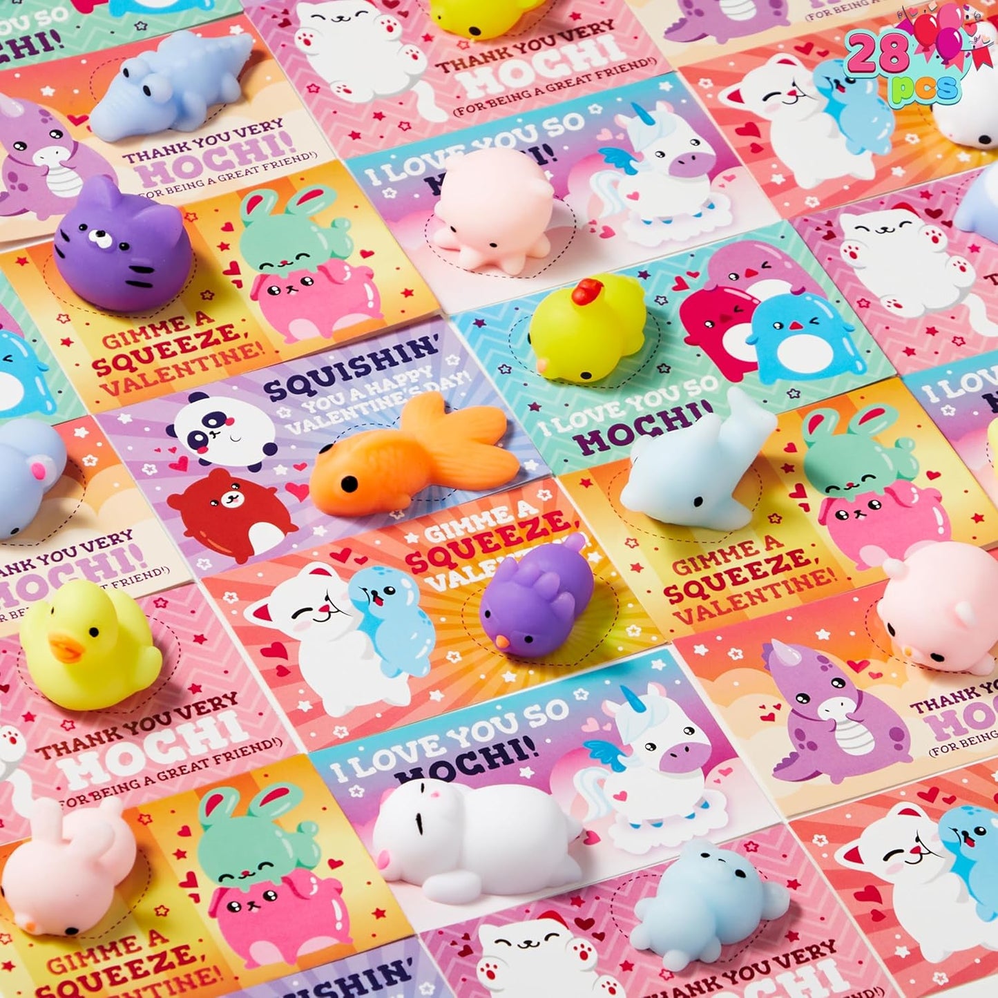 28 Packs Valentines Day Squishy Toy Gift Cards for Kids, Kawaii Mochi to Squeeze with Cards, Mochi Squishy Toy Stress Relief Fidget Toy for Kids Classroom Exchange Prizes Valentine Party Favor