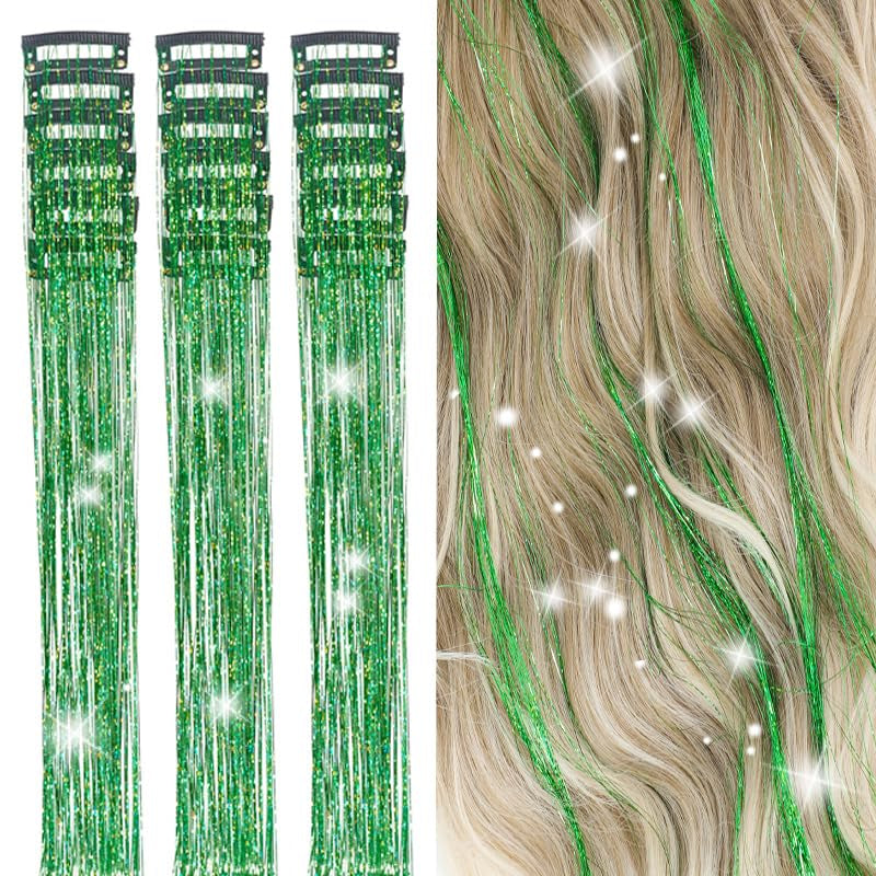 Hair Tinsel Kit Pack of 18 Pcs Hair Tinsel Clip in 19.6Inch Glitter Tinsel Hair Extensions Heat Resistant Clip in Hair Tinsel Sparkle Fairy Hair Accessories for Kids Girls Women (Green)