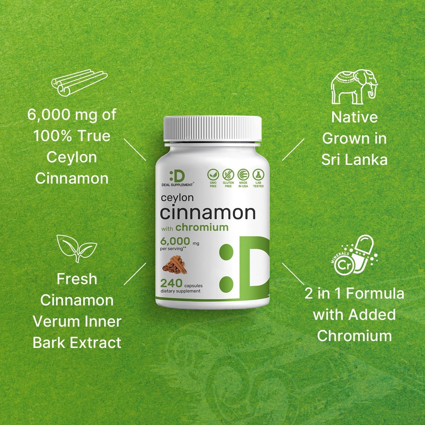 Ceylon Cinnamon 6,000Mg with Chromium 1,000Mcg per Serving, 240 Capsules –Active Inner Bark Extract – True Sri Lanka Source – Natural Cinnamon Supplements– Non-Gmo TLBH