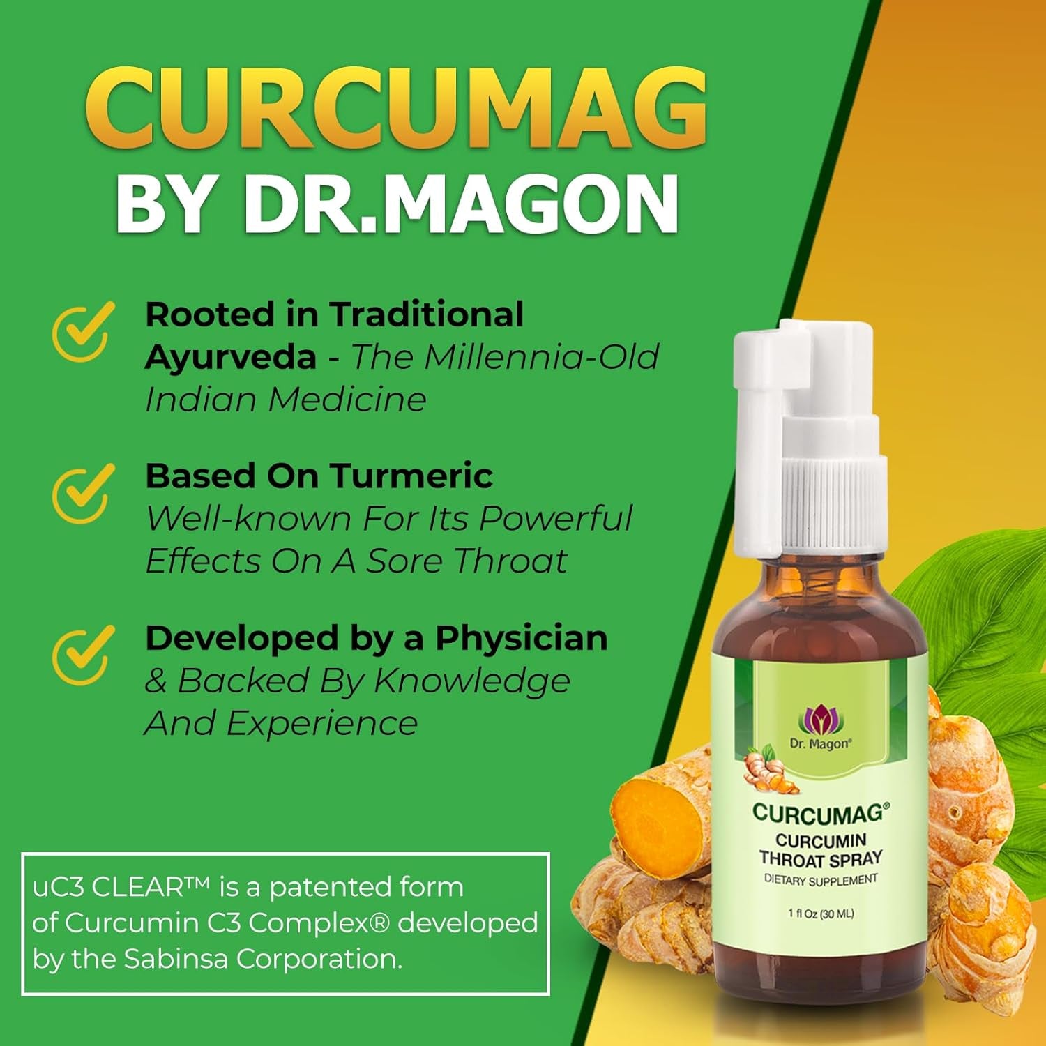 Natural Turmeric Curcumin Throat Spray by Dr. Magon, Throat Calm, Soothing Throat Spray, Immune Support, Extra Strength UC3 Clear Curcuma Longa Dry Extract, 1 Fluid Oz TLBH