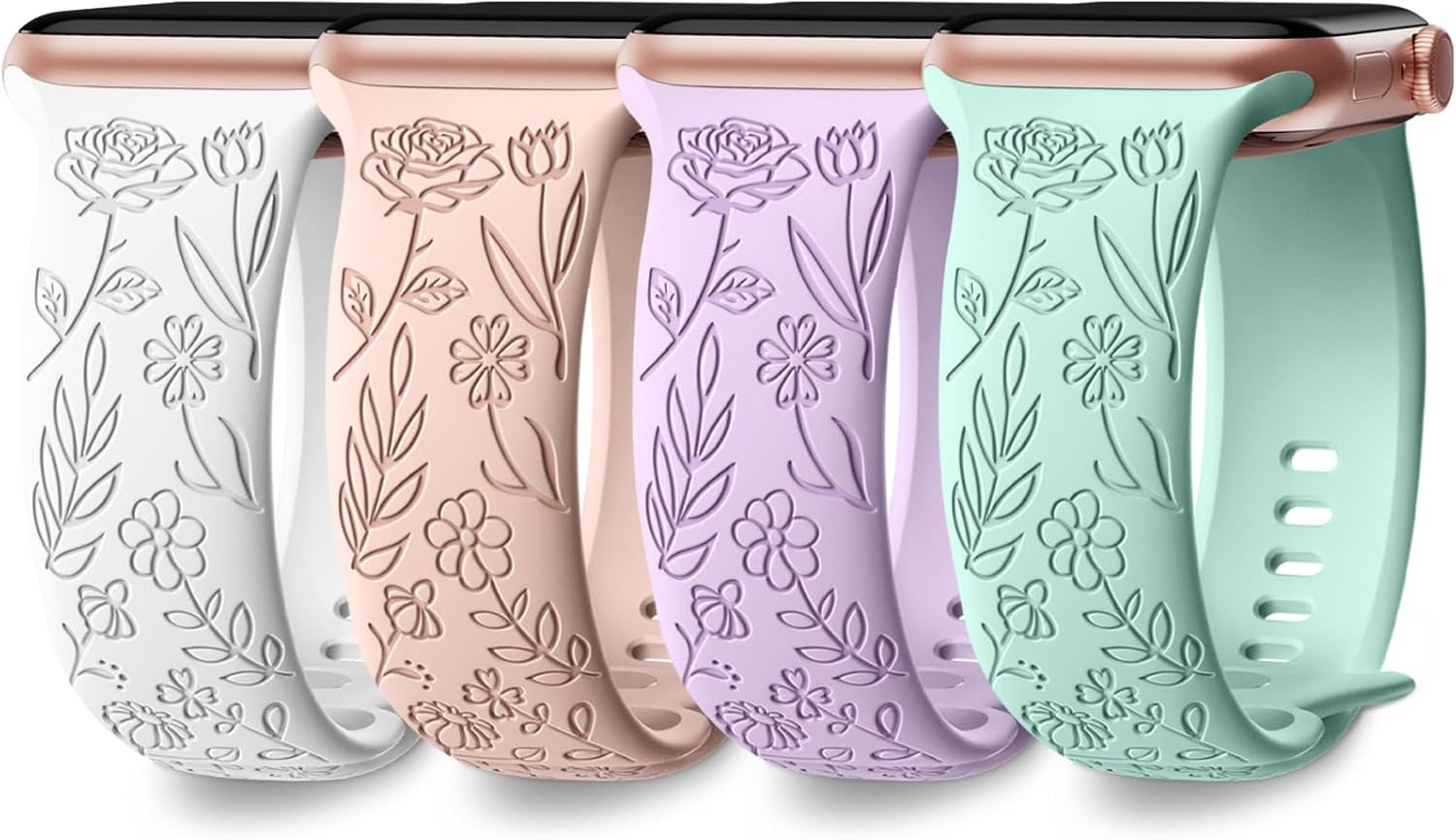 4 Pack Floral Engraved Band Compatible with Apple Watch Band 38Mm 40Mm 41Mm 42Mm 44Mm 45Mm 46Mm 49Mm Women,Soft Silicone Cute Flower Pattern Sport Strap for Iwatch Series 10 9 8 7 6 5 4 3 2 1 SE