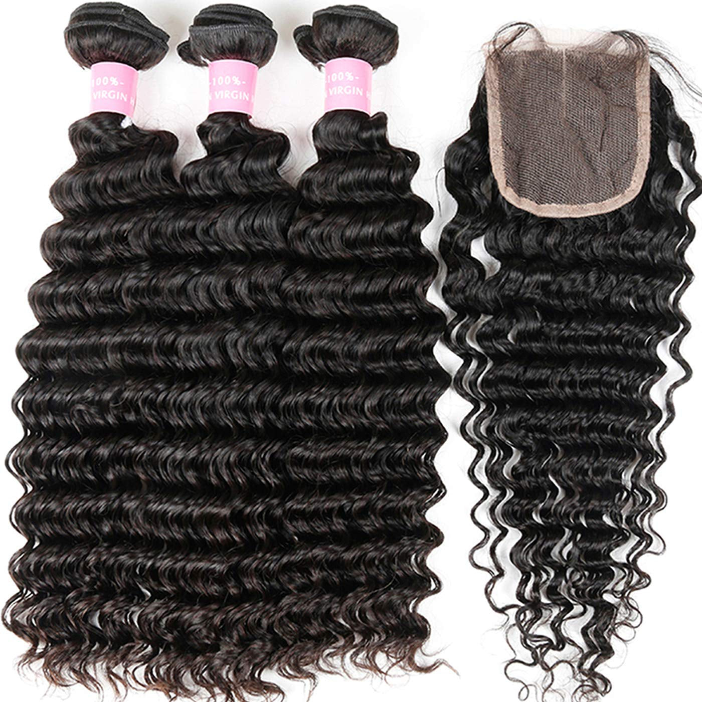 Brazilian Deep Wave Bundles with Closure Virgin Human Hair Bundles with Closure 4×4 Lace Mixed Length Hair Bundles Natural Color for Black Women 100% Unprocessed  (16 18 20+14)