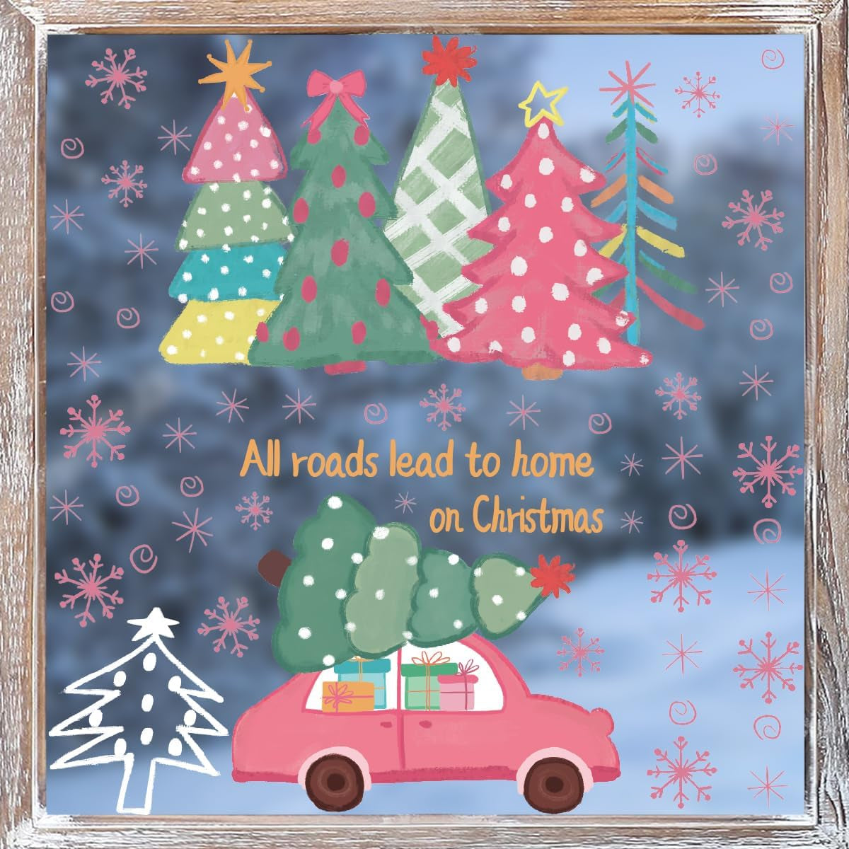50 PCS Christmas Window Cling Sticker, Pink Cute Xmas Trees Truck Gifts for Home Party Supplies Shop Window Glass Display Decoration