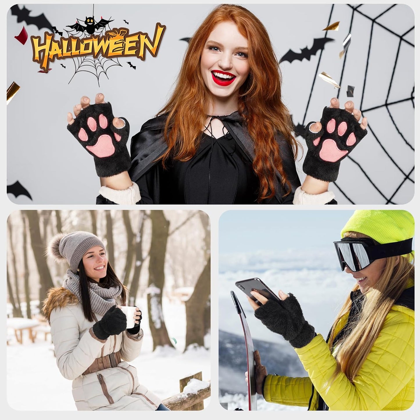 Cat Claw Bear Paw Fingerless Winter Plush Gloves 1*Pair