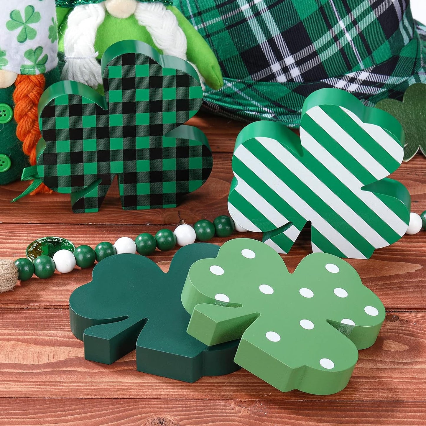 4 Pieces St Patricks Wooden Shamrock Table Signs Irish Lucky Wood Table Centerpiece St. Patrick Decoration for Holiday Home Office Tiered Tray Decor(Simple Style)