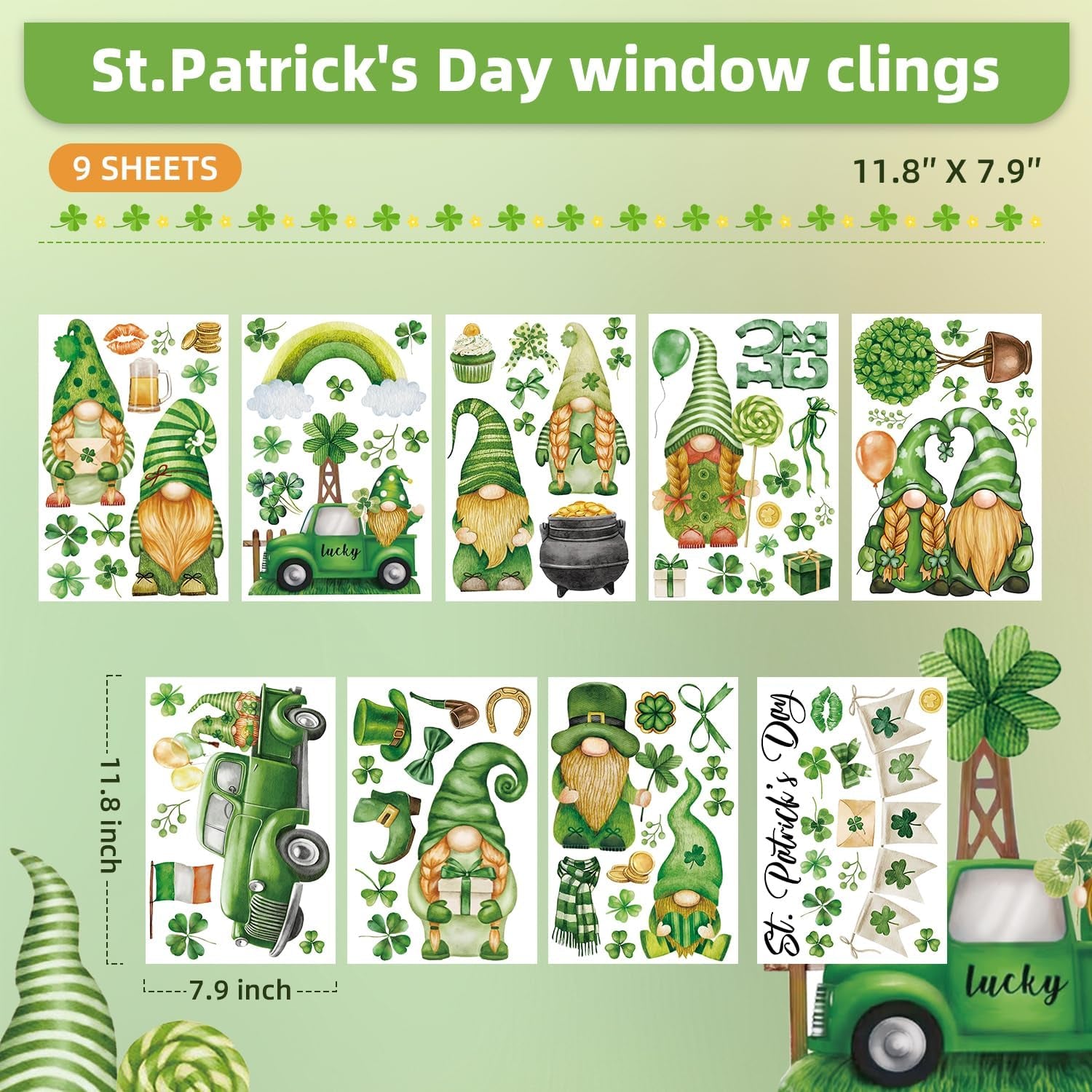 9 Sheets St. Patricks Day Window Clings, Double Sided Green Gnome Shamrock Truck Pattern Window Decals,St Patricks Day Decorations Window Clings for Irish Lucky Day Home Office Party Decor