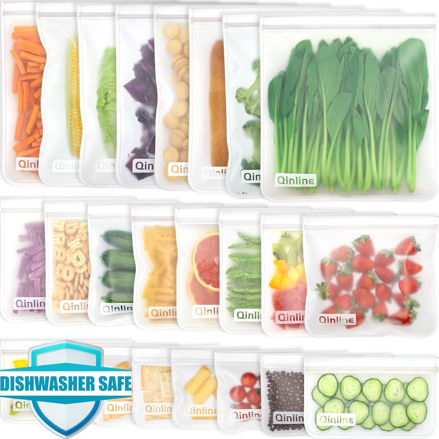 Reusable Food Storage Bags - 24 Pack Freezer Bags, BPA Free Reusable Bags Silicone, Extra Thick Leakproof Reusable Lunch Bag for Salad Fruit Marinate Meats - 8 Gallon 8 Sandwich 8 Snack Bags