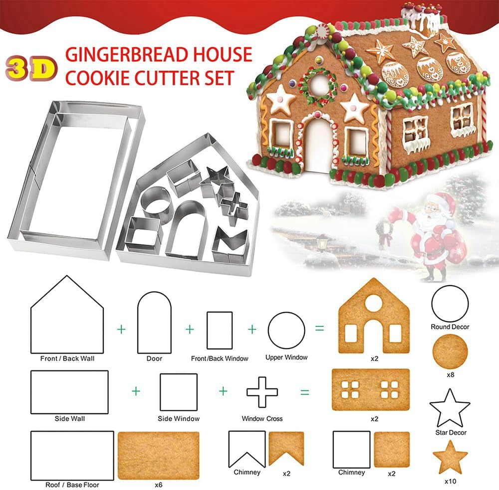 Gingerbread House Cookie Cutter Set - 3D House Cookie Cutters, Gingerbread House Kit for Holiday, Winter, Christmas & Gingerbread House Kit for Kids, Gift Package (10Pcs Christmas Cookie Cutters)