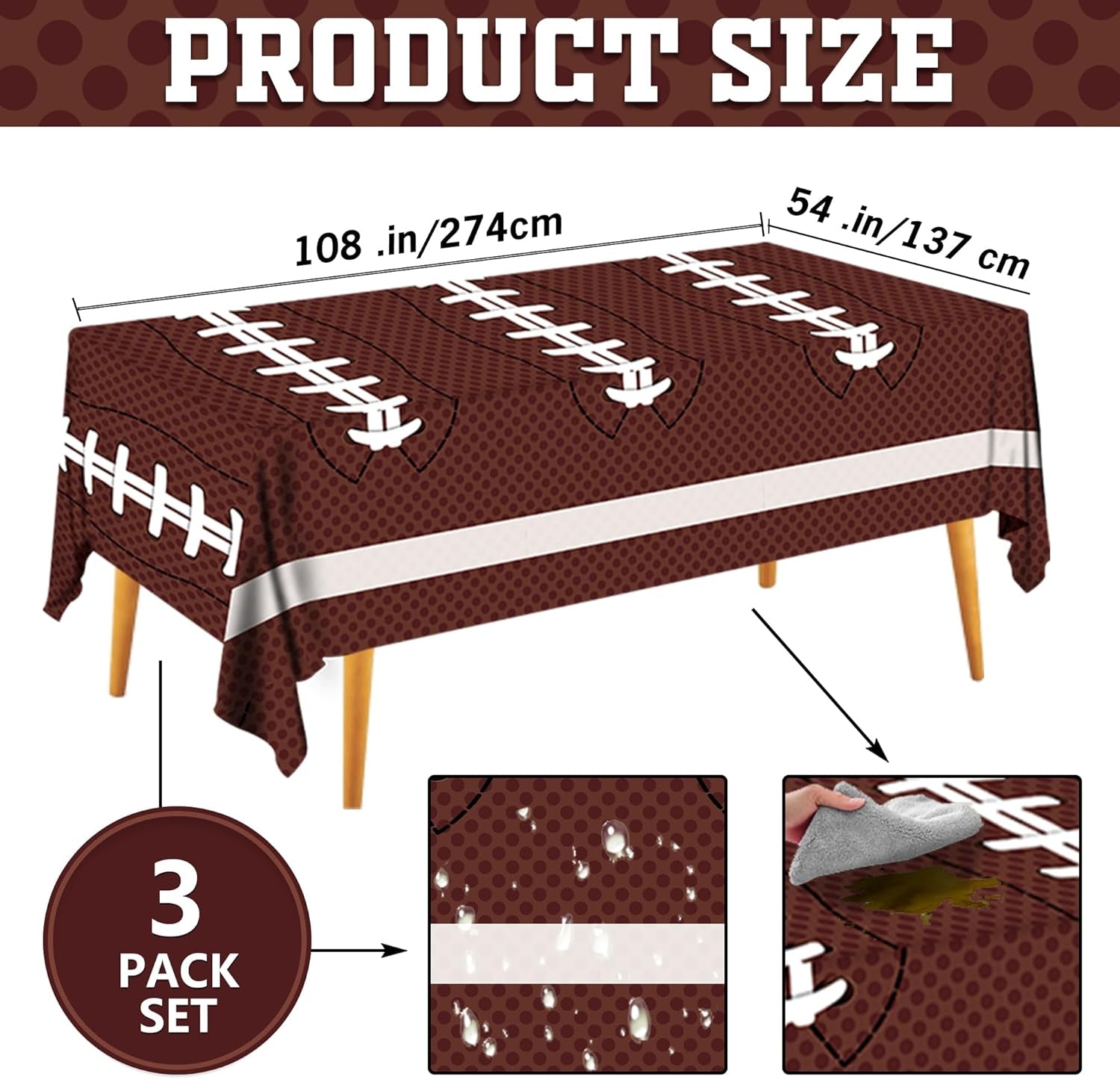 Football Party Decorations Disposable Tablecloth Plastic Touchdown Table Cover Perfect for Super Bowl Football Birthday Party Decorations and Gameday Tailgate Decorations 54 X 108Inch, 3 Pack