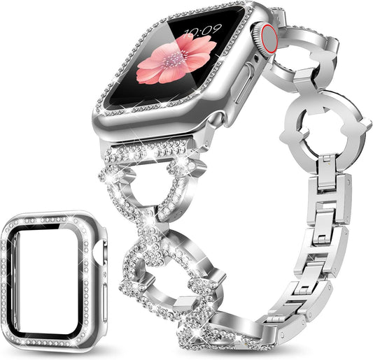 Compatible with Apple Watch Band 38Mm 40Mm 41Mm 42Mm 44Mm 45Mm , Women Girl Bling Diamond Jewelry Metal Strap Bands with Crystal Tempered Glass Screen Protector Case, round Shiny Bracelet Wristband for Iwatch Series 9/8/7/6/5/4/3/2/1/SE