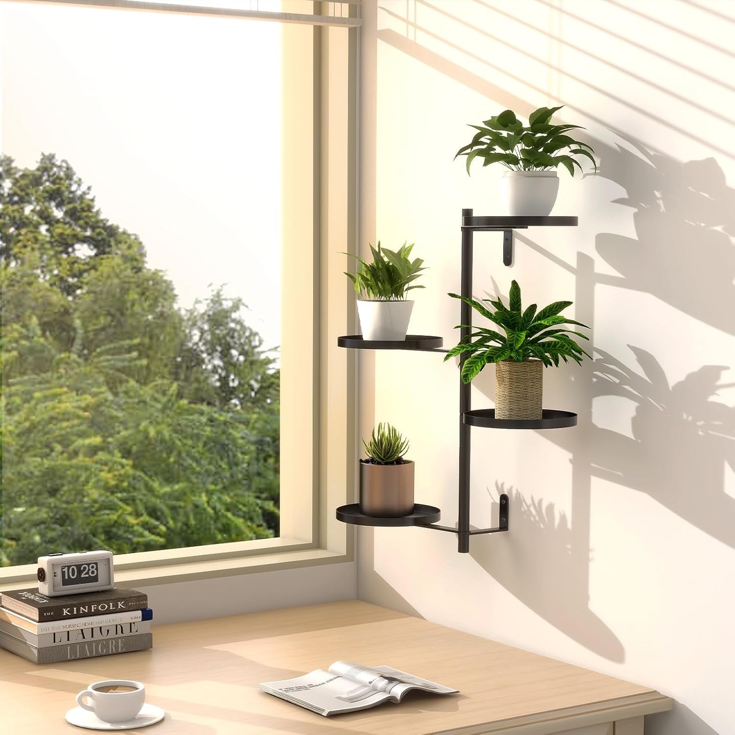 Rotating Window Plant Shelves, 4 Tier Wall Plant Holder for Various Plants Indoors, Metal Window Sill Plant Shelf for Optimal Sunlight Exposure, Black Plant Wall Shelf for Home Decor