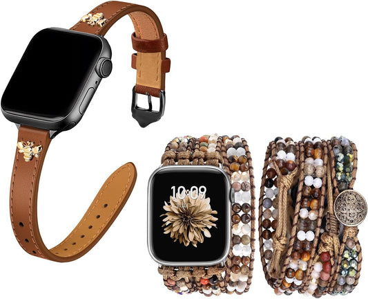 Elegant Slim Leather Bands Boho Beaded Watch Band Bundle Compatible with Apple Watch 38Mm 40Mm 41Mm 42Mm 44Mm 46Mm 45Mm 49Mm Women for Iwatch Series 10/9/8/7/6/5/4/3/2/1/Se/Ultra